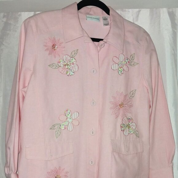 Alfred Dunner Pink Floral-appliqué Cotton blend long-sleeve Shirt Blazer - Picture 4 of 8